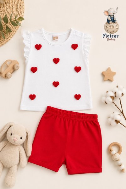 METEOR BABY Baby Girl Set - Heart Detailed Shorts Set, Flexible Waist, Comfortable Combination - Summer Set