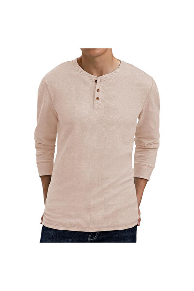 OEM Tricou bărbătesc Henley cu mânecă lungă, texturat tip waffle, casual, sti...