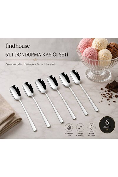 findhouse Paslanmaz Çelik Ege Model 6lı Dondurma Kaşığı Ev , Cafe , Restauran...