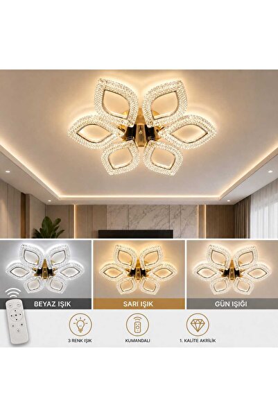 MAVERALİGHTİNG PAPATYA 6LI AVİZE 3 RENK LED ISIKLI KUMANDALI MODERN SALON AVİ...