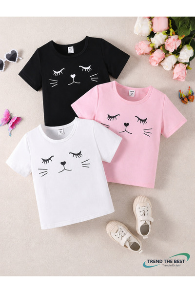 TREND THE BEST Trendin En İyisi Summer Mustache Cats Printed Girls' Black, Wh...