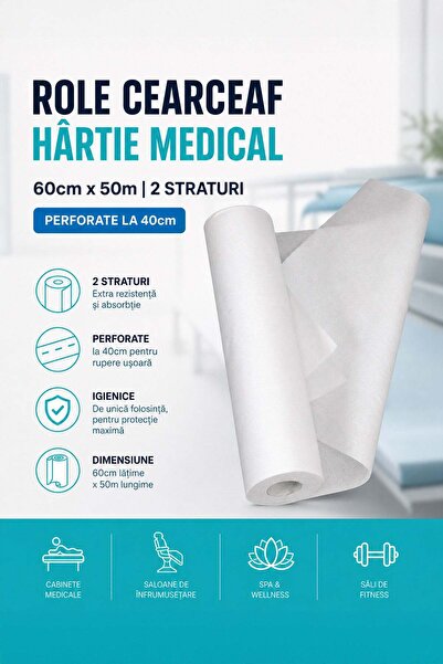 SERIX Role Cearceaf Hartie Medical 60cm x 50m, 2 Straturi, Perforate la 40cm