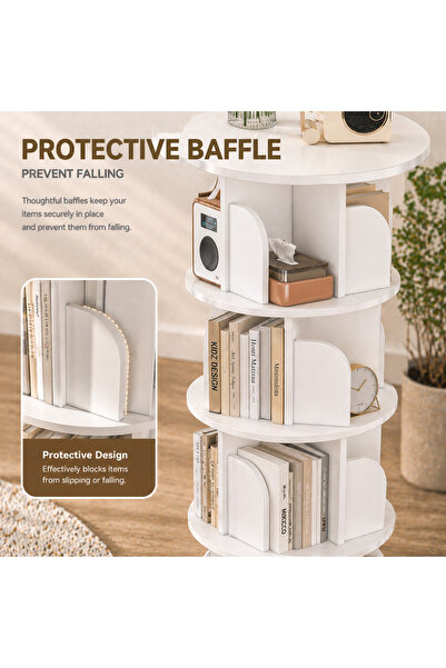 Venpara 360° Rotating 3‑Tier（4‑Tier） Bookshelf with Anti-Fall Protective Baffle, for Study Room, Living Room