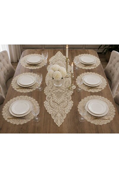 Lena Maison Fransız Danteli Runner ve Supla Takımı 6 Kişilik Altın Simli