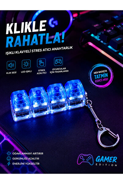 Led Anahtarlık LED Işıklı Mekanik Klavye Anahtarlık Stres Atıcı Fidget Oyuncu...
