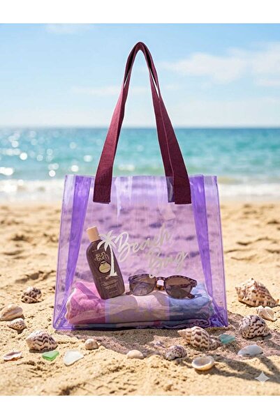 E evalupe Mor Kadın Beach Bag Baskılı Şeffaf Plaj Çantası