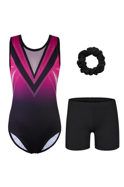 OEM Girls' Gradient Gymnastics Leotard with Rhinestones – Black/Hot Pink 14 Y...