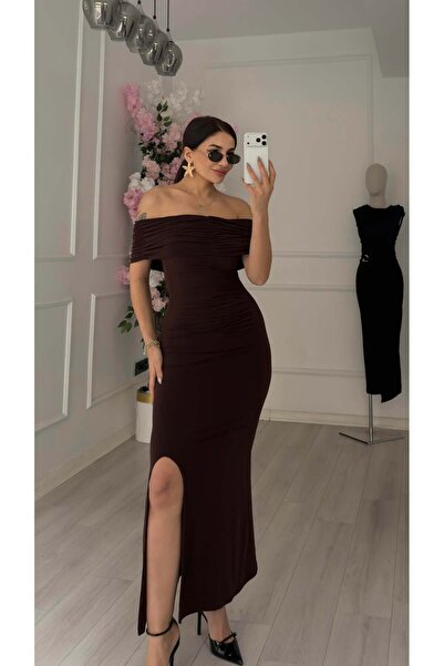 Daves Madonna Collar Bitter Brown Draped Stretch Dress