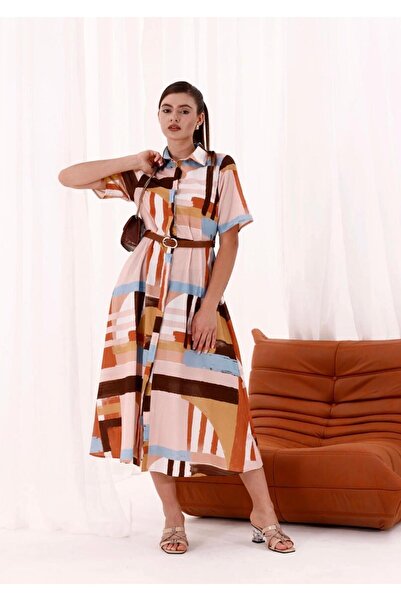 Noravelle Women Shirt Dress Stylish Long Front Buttoned Belted Short Sleeve