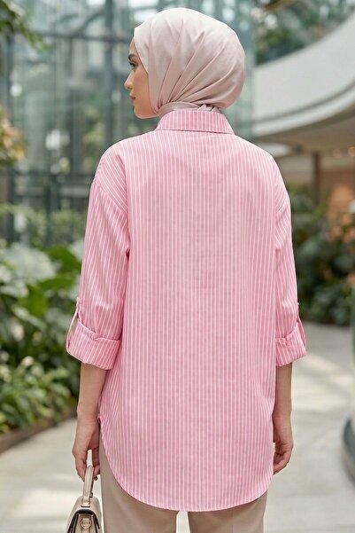 TOFİSA Çizgili Yanları Düğme Detaylı Tunik Pembe - 1329-PEMBE