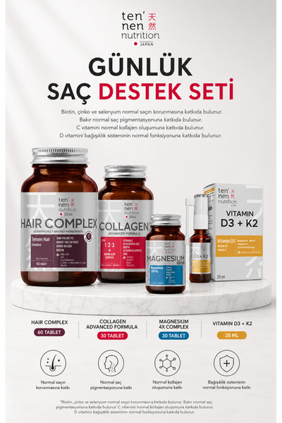 Tennen Nutrition Saç Destek Seti 1 (Saç Vitamini + Kolajen Tablet + D3K2 Vita...