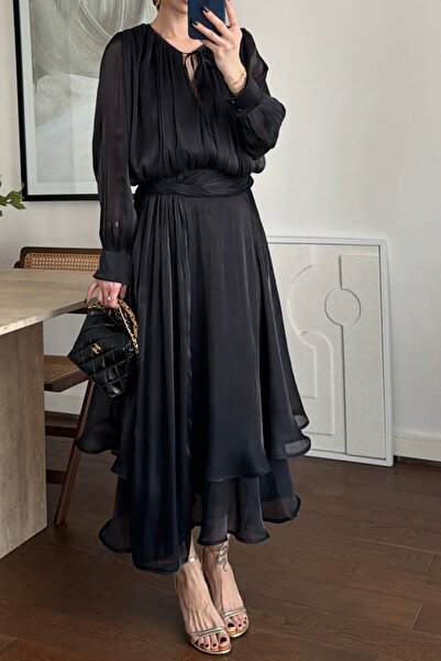 Suziş ROCHIE LUNĂRĂ CU MÂNECĂ LUNGĂ DIN ȘIFON NEGRU M39382