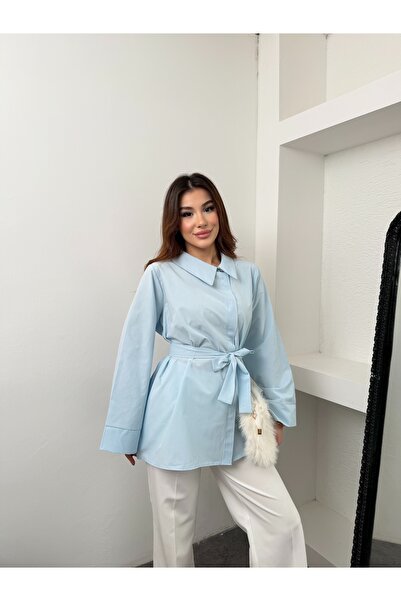 MiraMore Butik Oversized Collar Belted Women's Shirt
