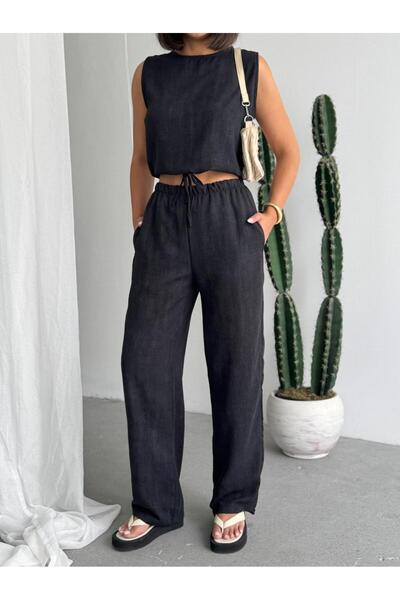 CrepTekstil Set de damă Crep din in texturat – Bluză fără mâneci și pantaloni...