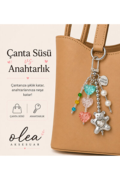 OLEA AKSESUAR Heart-Shaped Teddy Bear Bag Ornament Keychain – Colorful Beaded...