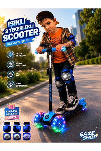 SAZE 3 Tekerlekli Işıklı Scooter Mavi 3+ Yaş Ayarlanabilir Yükseklikli Çocuk ...