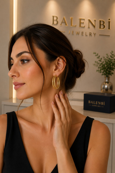Balenbi Gold Color Stainless Steel Embossed Patterned Hoop Earrings 1041