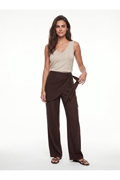 ONLOOX Brown Viscose Textured High-Waisted Wide-Leg Draped Pants with Draping...