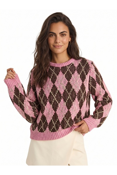 ONLOOX Pink Cotton Viscose Blend Crew Neck Comfortable Fit Diamond Pattern Kn...