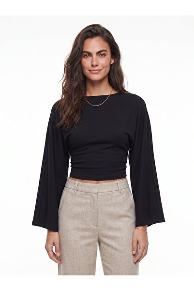 ONLOOX Black Flowy Fabric Wide Draped Sleeves Waist-Fitted Crop Gathered Drap...