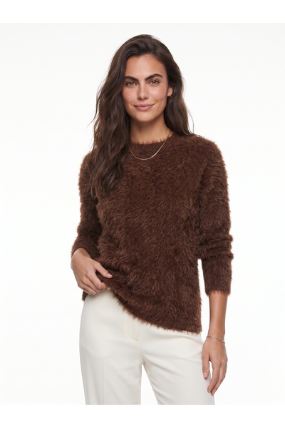 ONLOOX Brown Soft Textured Crew Neck Long Sleeve Bearded Polyamide Acrylic Bl...