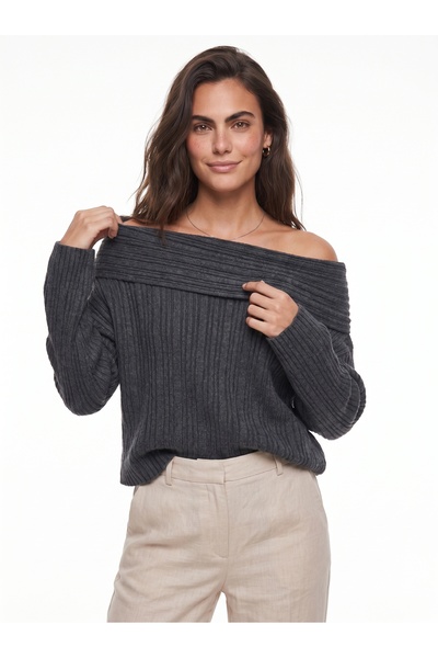 ONLOOX Anthracite Acrylic Blended Flexible Textured Degaje Collar Ribbed Knit...