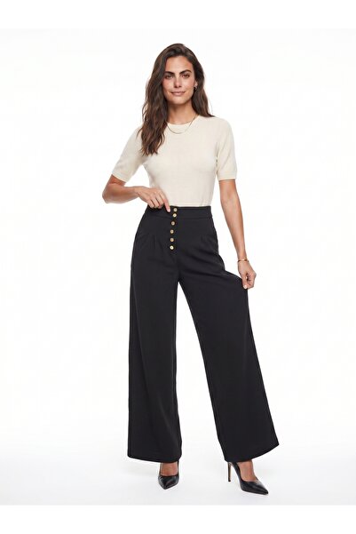 ONLOOX Black Woven High Waist Palazzo Cut Gold Button Detailed Pleated Wide L...
