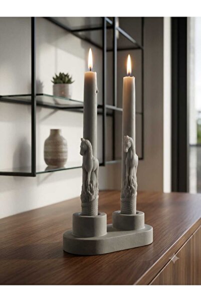 SCA CANDLE Dekoratif Mum Şamdan mum At Desenli 2 Kili Gri Renk Şamdan Gelmiyecek