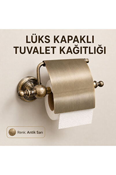 Badem10 Lüks Kapaklı Kağıtlık Antik Sarı Banyo WC Tuvalet Kağıdı Tutucu Duvar...