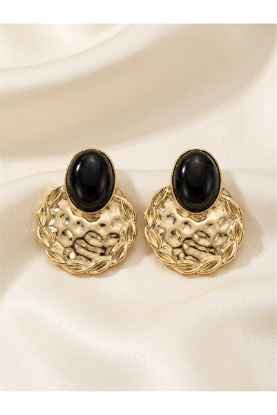 Pelin Aksesuar Black Oval Stone and Gold Color Round Forged Metal Detailed Ea...