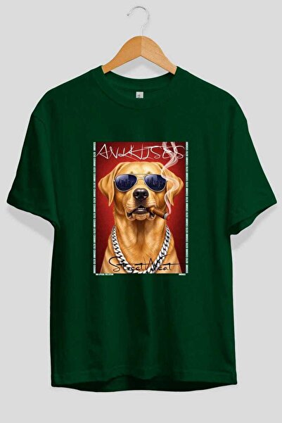 Ankhises For Dog Lovers 51 Front Dog Printed Green Oversize T-Shirt 100% Cott...