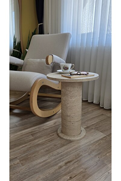UĞURLU HOME Traverten Görünümlü Bohem Ofis Yan Sehpa / Zigon - 38x48 cm