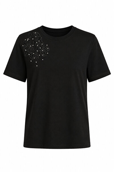 HAZELANNA Çiçekli Taşlı Siyah Tshirt