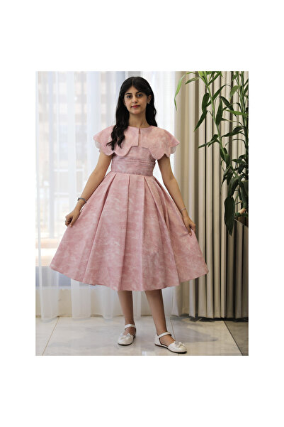 HAWRAA ABAYA Pink Jacquard Princess Dress with Ruffled Collar and Luxurious W...