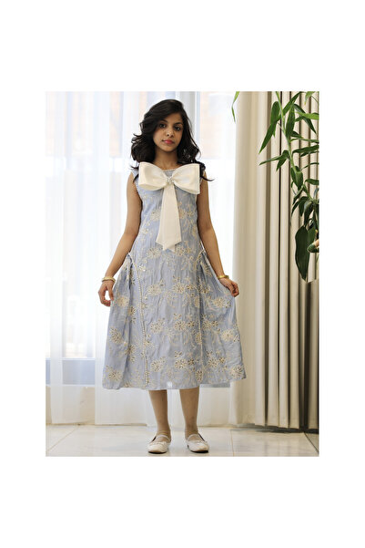 HAWRAA ABAYA Girls' Sky Blue Dress with Embroidery, Large Chest Bow, and Roya...