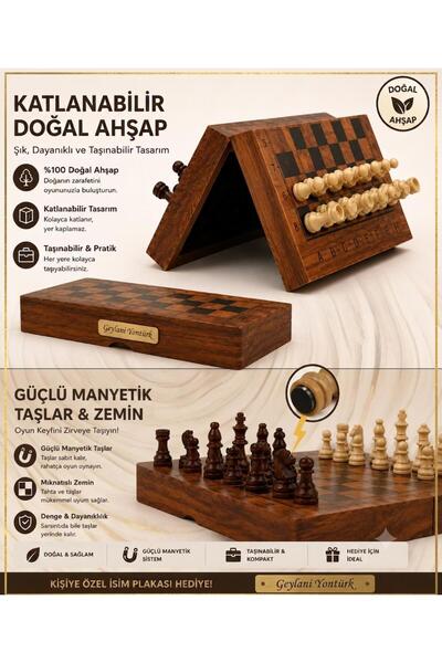 e-life Kişiye Özel İsimli Lüks Ahşap Manyetik Satranç Takımı 30 cm Katlanır Ö...