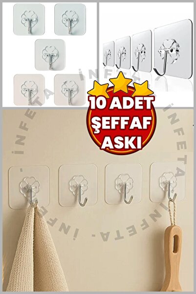 İnfeta 10 Adet Güçlü Kendinden Yapışkanlı Şeffaf Kapı Duvar Askıları Banyo Mu...