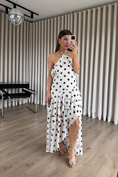 Sue Store Ecru Black Polka Dot Backless Halter Neck Lined Chiffon Dress
