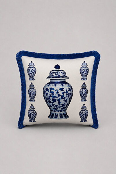 LUX VIE Chinese Porcelain Patterned Tasseled Babyface Woven Decorative Throw ...
