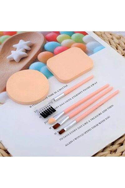 idei Set 6 Accesorii de Machiaj: 4 Pensule, 2 Bureți, Portabil, Roz Pastel, p...