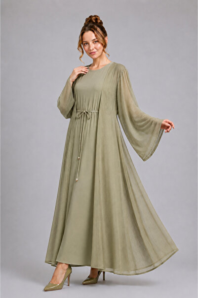 GLOW MUSE Kemerli İçlikli Taş Detaylı Astarlı Flam Tül Abaya Takım -Vizon