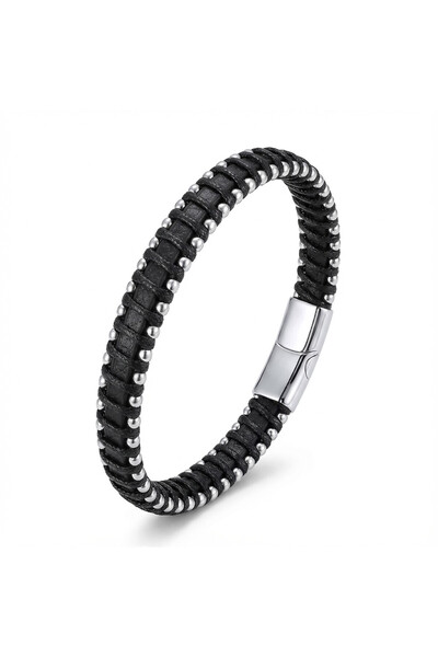 Parmas Design Steel Drop Leather Plate Wrapped Men's Premium Gift Bracelet 01843