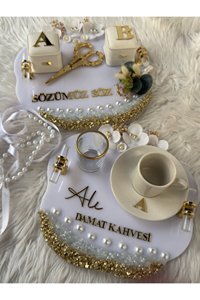 CatplexBoutique Söz Tepsisi - Kişiye Özel 2'li Nişan Tepsisi Damat Kahvesi Te...