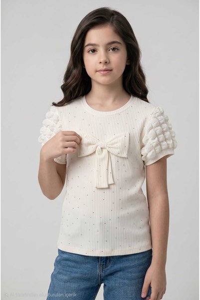 trikomode Tricou pentru fete cu mâneci tip balon și fundă cu pietre