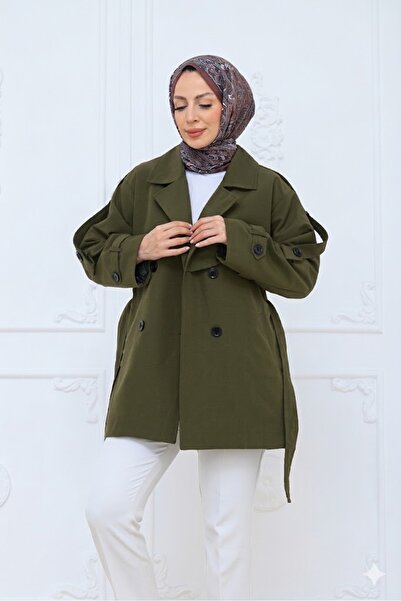 PAVENTİ Short Buttoned Belted Trench Coat Dark Khaki