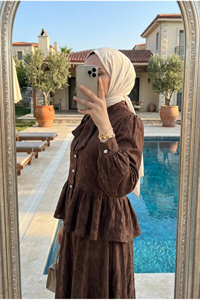 Kirazca Butik Kadın Kendinden Şal Desenli Jakarlı Kumaş Fiyonk Yakalı Etek Bl...