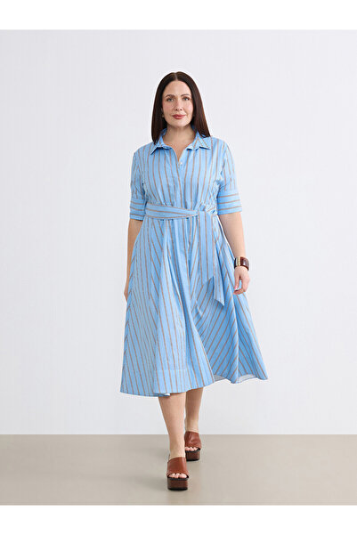 LC Waikiki Peak New Season Plus Size Striped Belted Shirt Dress