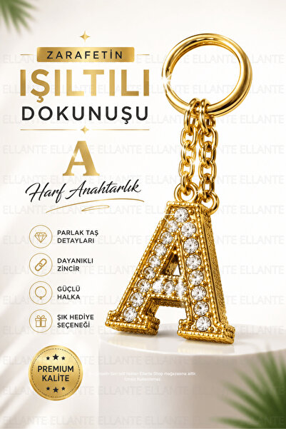 ellante Kişiye Özel Harf Anahtarlık Altın Renk Zirkon Taşlı Şık Çanta Süsü An...