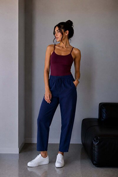 Vadon 1019 Kadın %100 Pamuk Gabardin Lastikli Bel Havuç Kesim Pantolon Lacivert