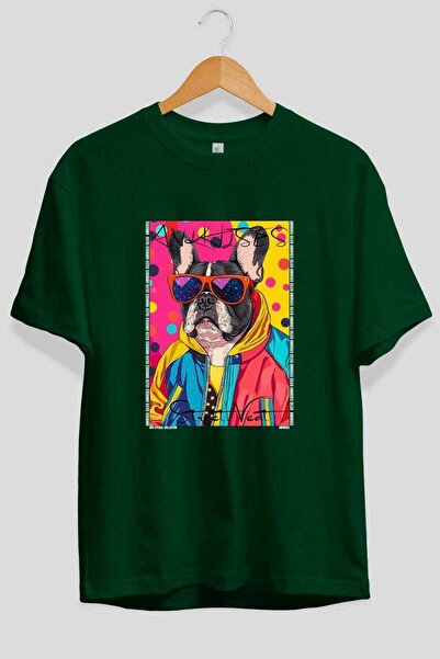 Ankhises For Dog Lovers 59 Front Dog Printed Green Oversize T-Shirt 100% Cott...